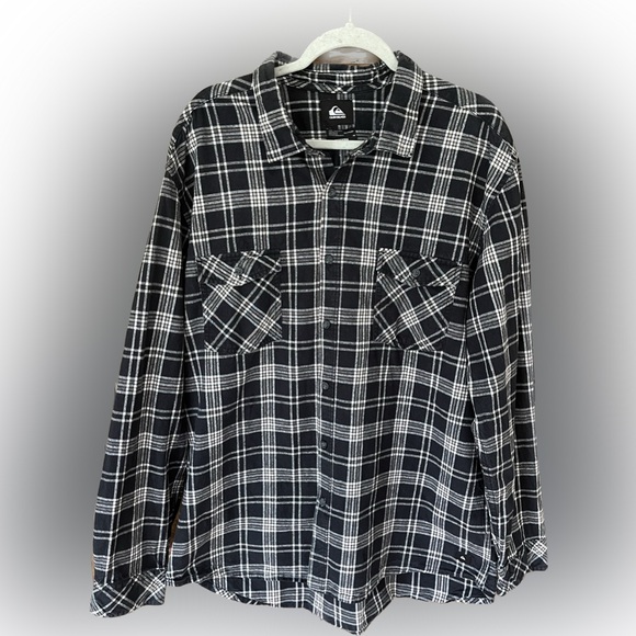 Quiksilver Plaid Flannel Modern Long Sleeve Black & Tan Button Up Men’s XXL - Picture 2 of 9